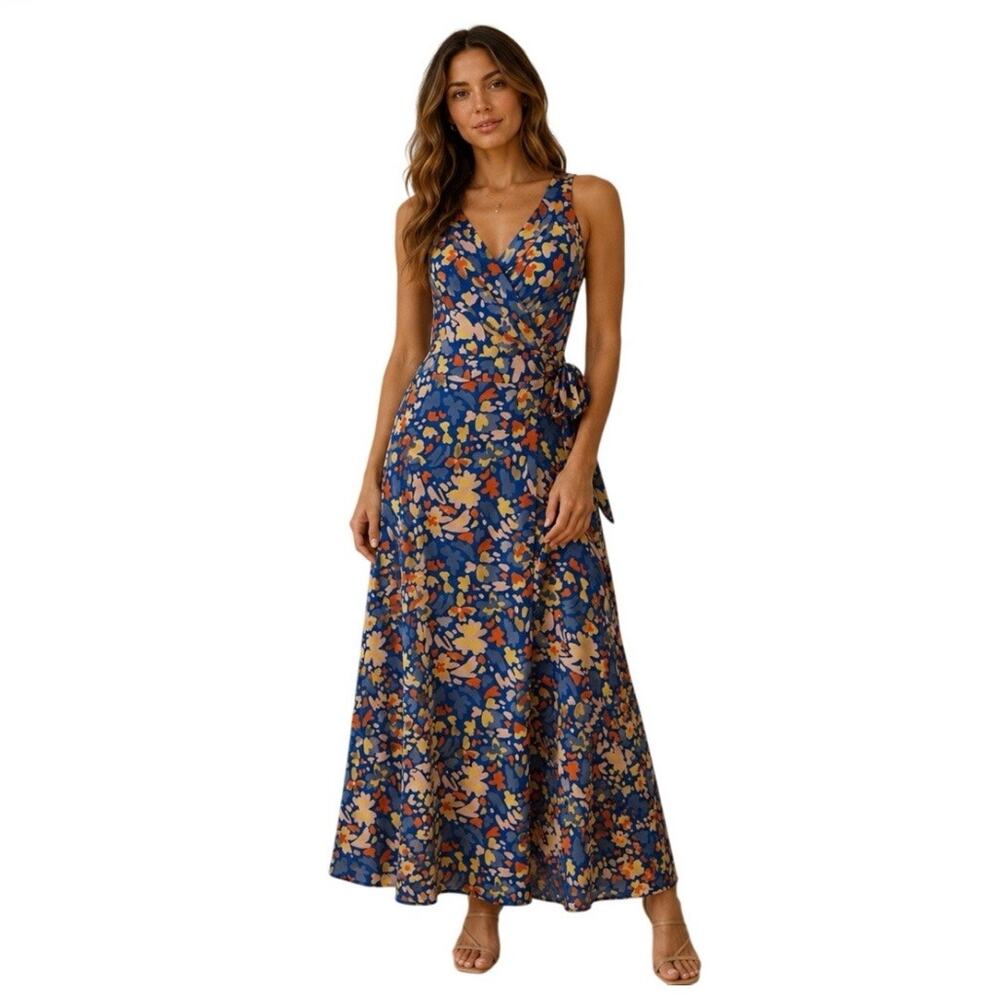 Market & Spruce Navy Blue Floral Wrap Maxi Dress